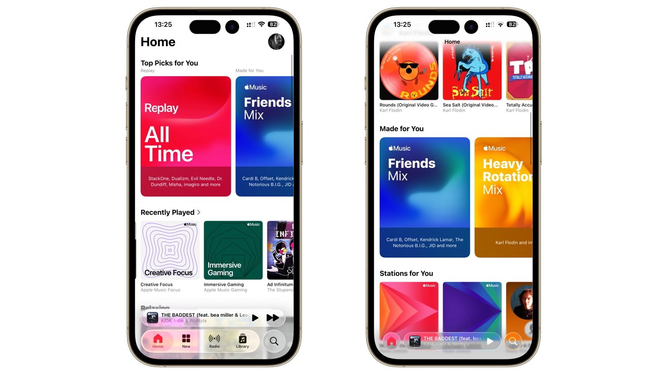 Two smartphones display music app interfaces featuring colorful playlists titled 'All Time,' 'Friends Mix,' and 'Heavy Rotation' with album art and song selections.