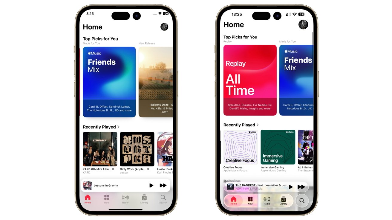 Two smartphone screens displaying a music app interface, featuring playlists titled 'Friends Mix' and 'Replay All Time,' along with recently played albums and a navigation menu at the bottom.