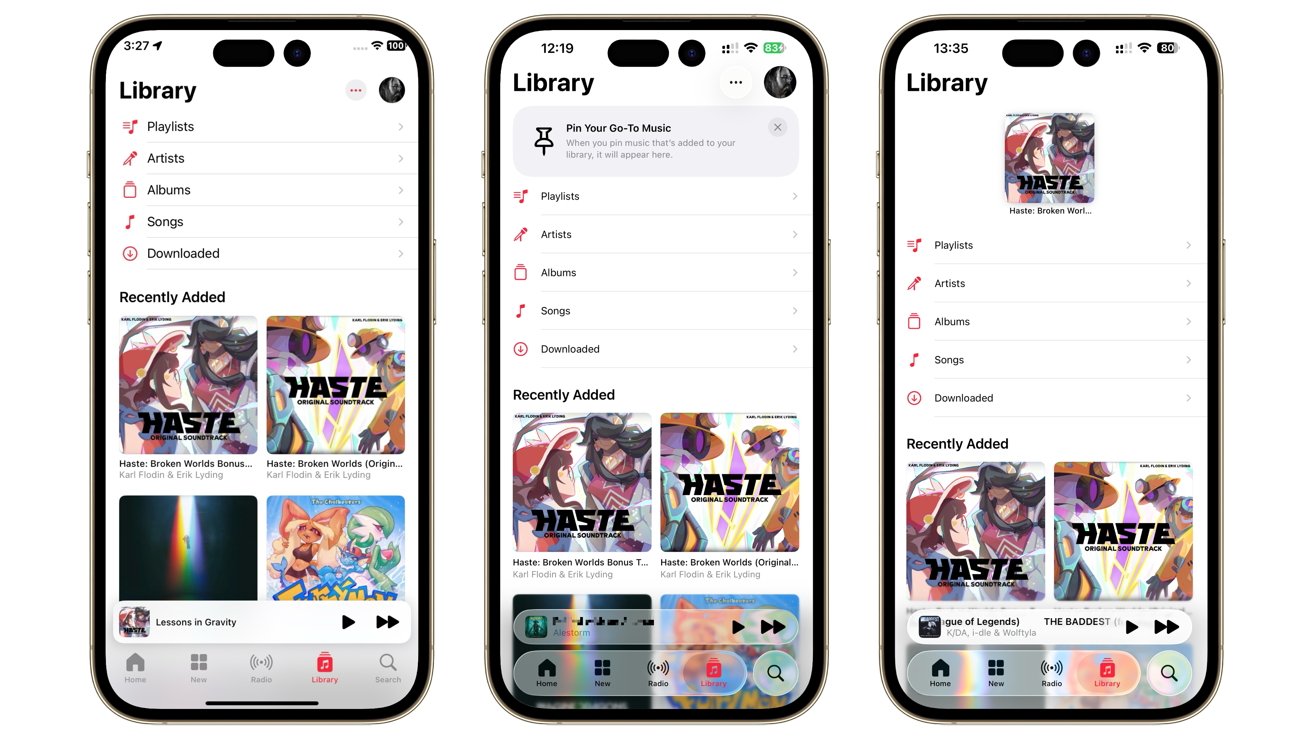 Three smartphones display a music app's library section, featuring playlists, artists, albums, and recently added music with colorful album art.