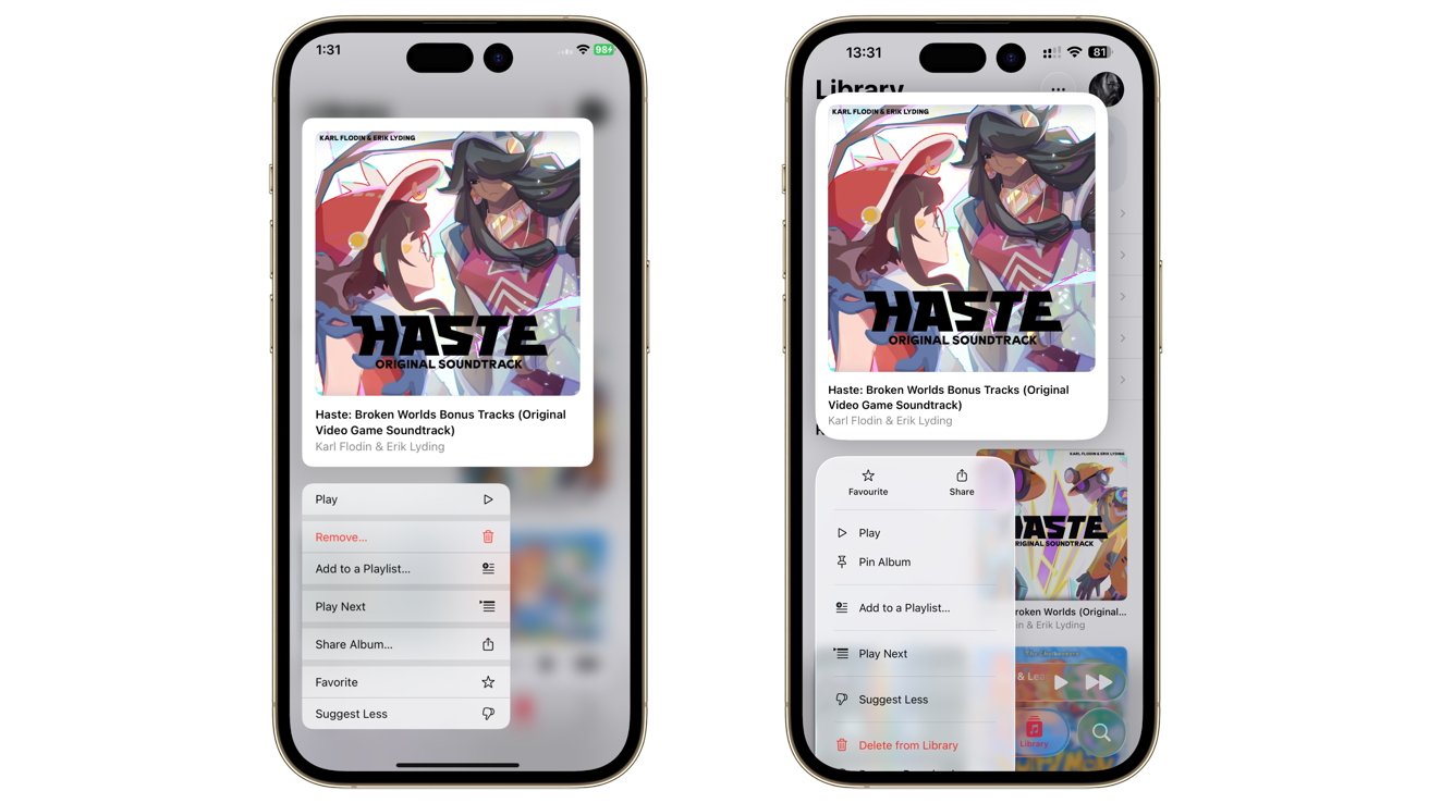 Two smartphones display music library screens featuring the album 'Haste' with options to play, add to playlist, or share beneath the album cover art showing two animated characters.