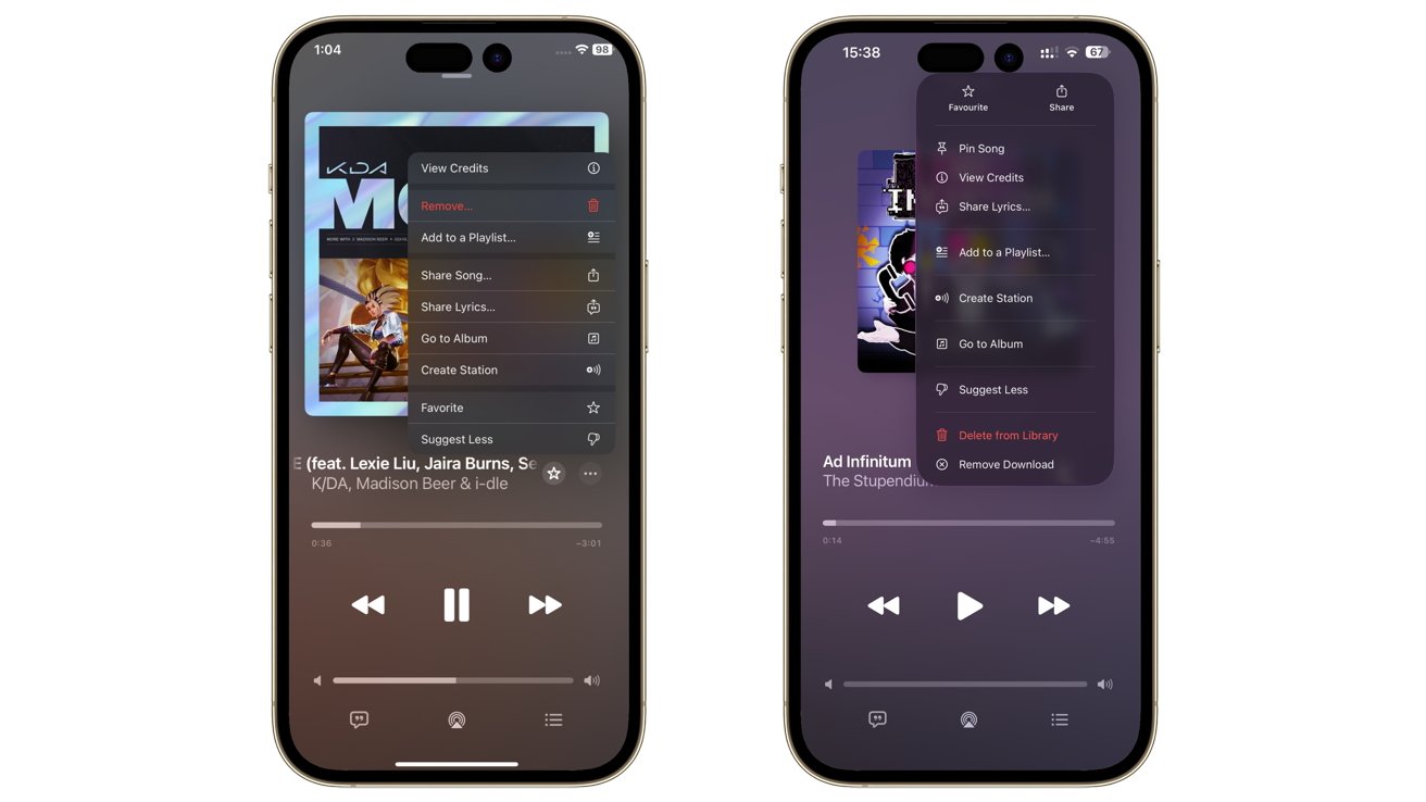 Two smartphones display music apps with playlist options, song information, and playback controls. Screens show different interface designs and song details.