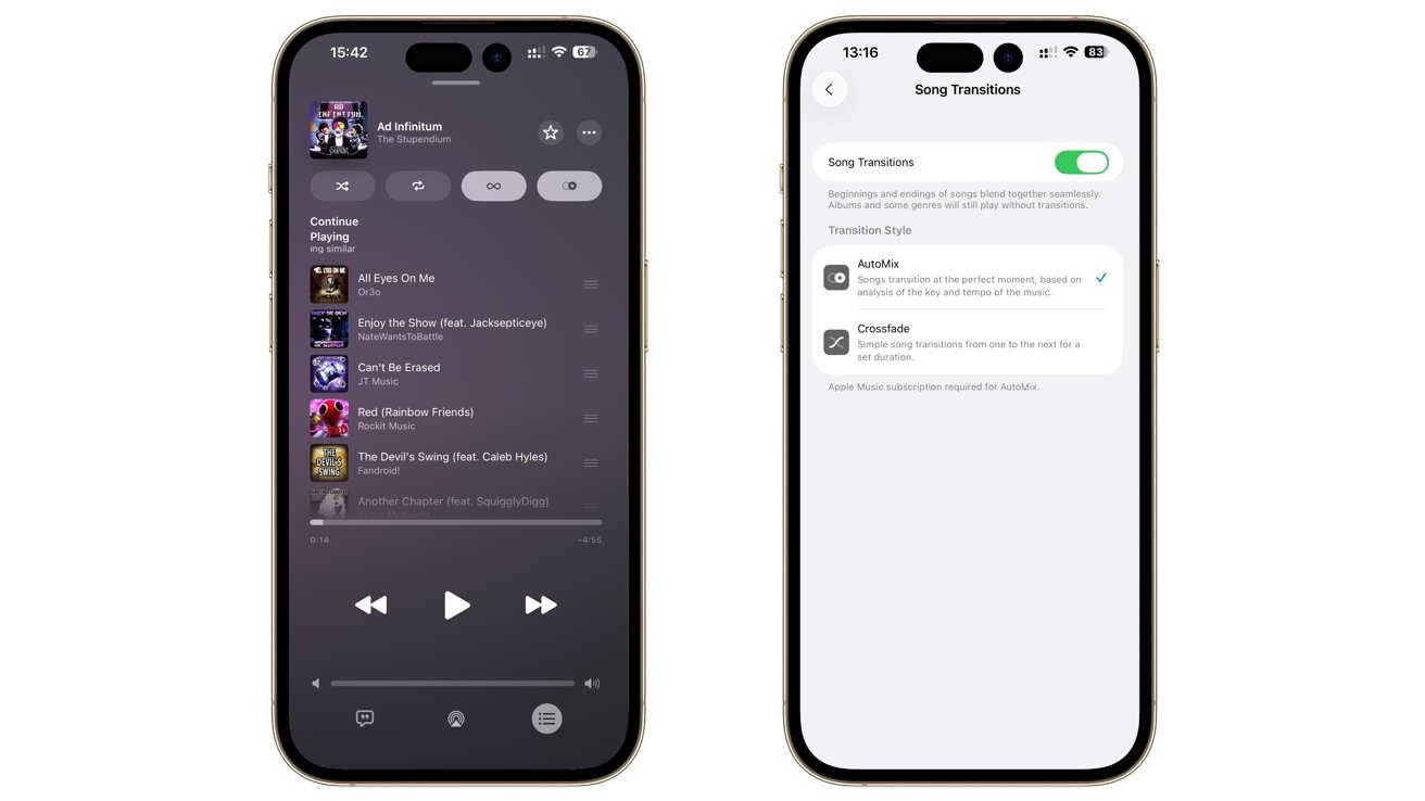 Two smartphones displaying a music app and song transition settings; the left screen shows a playlist, the right screen shows transition options like AutoMix and Crossfade.
