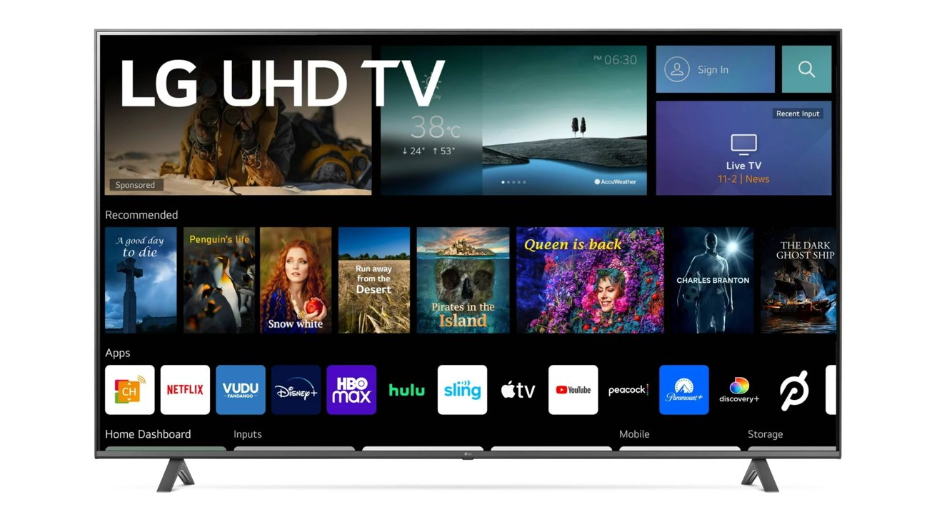 LG UHD television screen showing various movie and app selections, weather info, and a news banner. Streaming apps include Netflix, Disney+, and HBO Max.