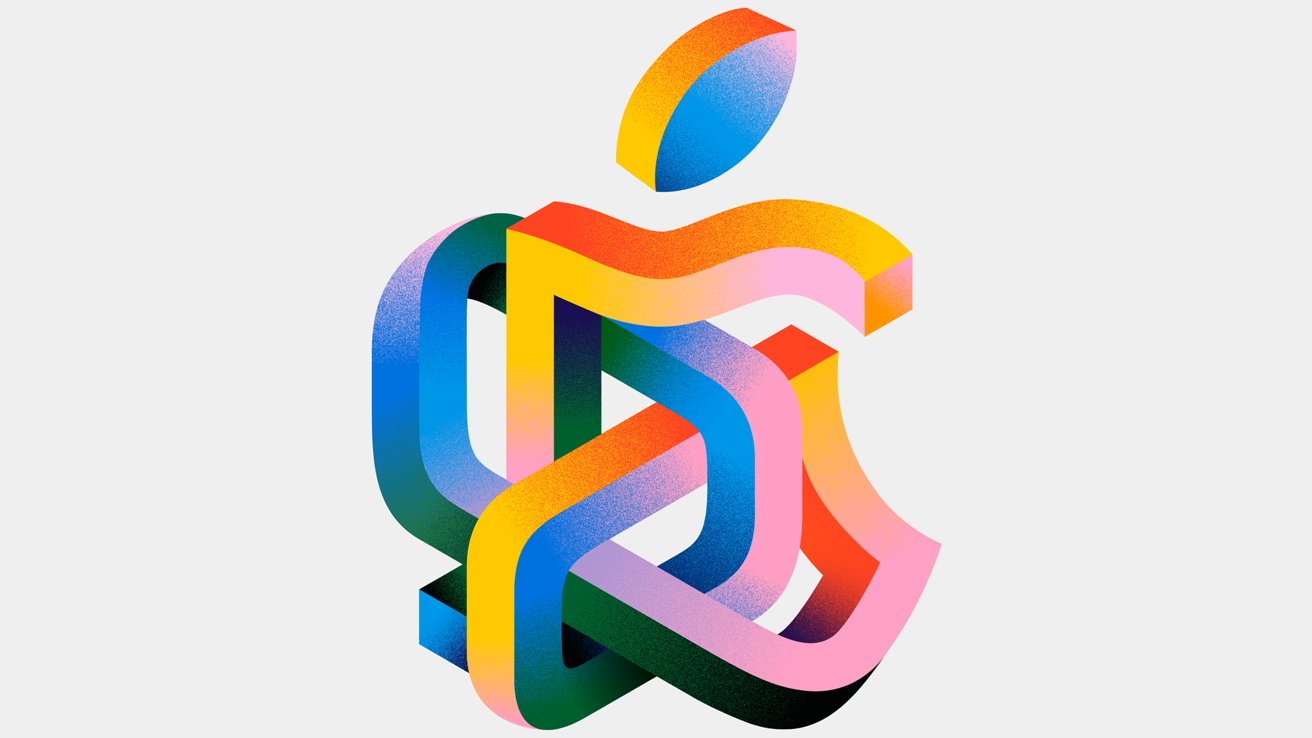 Colorful intertwined ribbon shapes with gradients form an abstract apple logo on a light gray background.