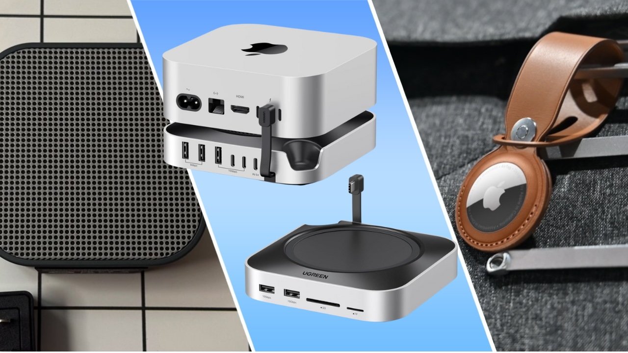 Electronic gadgets including Dio Node speaker, Ugreen Mac mini dock, and Apple AirTag in leather keychain on gray backpack.
