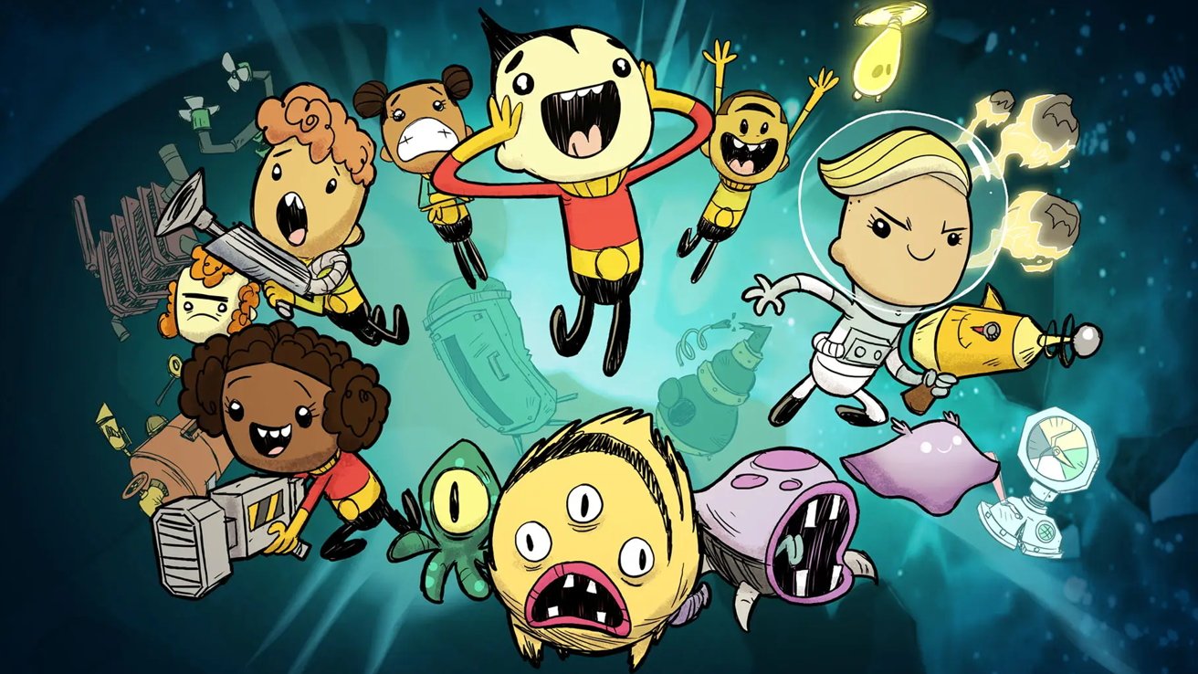 Cartoon characters with excited expressions float in space. They hold various tools and weapons, surrounded by quirky alien creatures, glowing objects, and floating machinery against a dark, starry background.