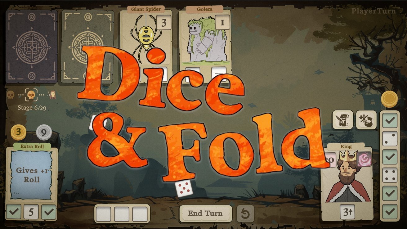 Game interface with cartoonish characters and text 'Dice & Fold' in bright orange. Features a spider and golem card, with stage and actions displayed, against a woodland background.