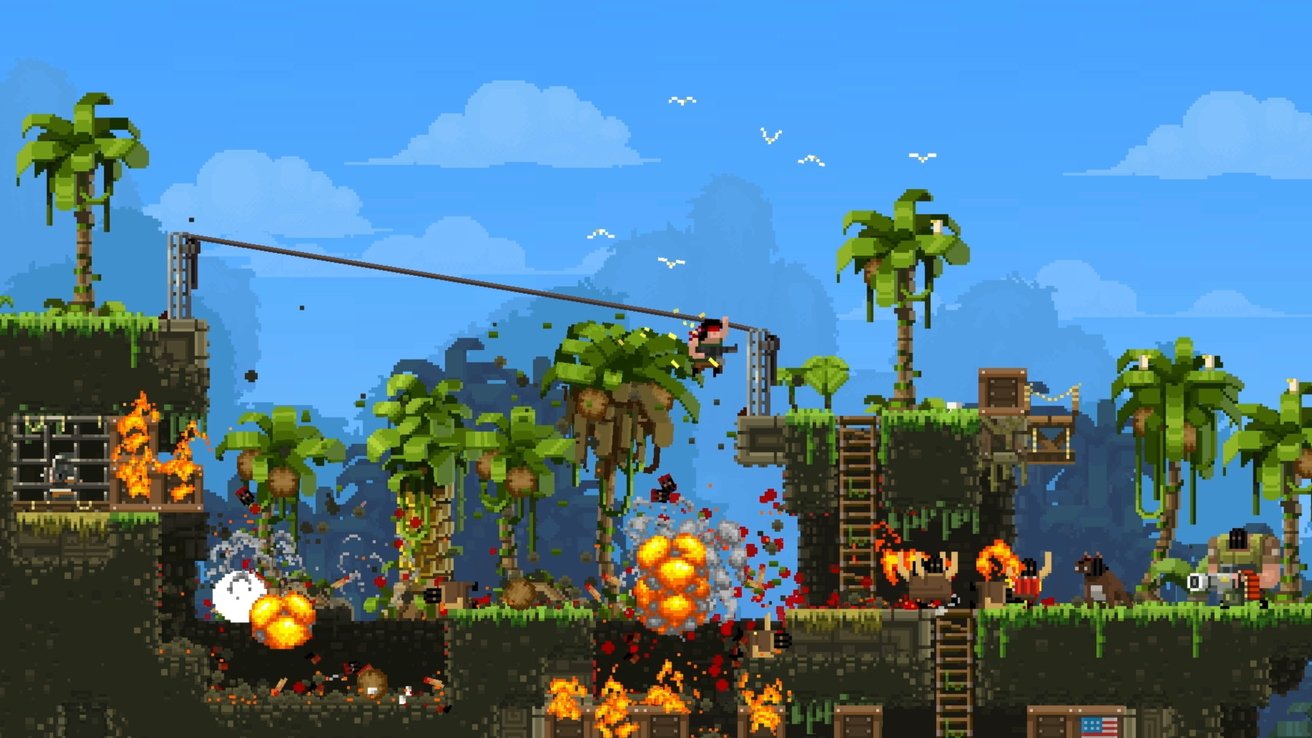 Pixel art jungle scene featuring explosions, palm trees, a character on a zip line, and chaos with fire and debris.