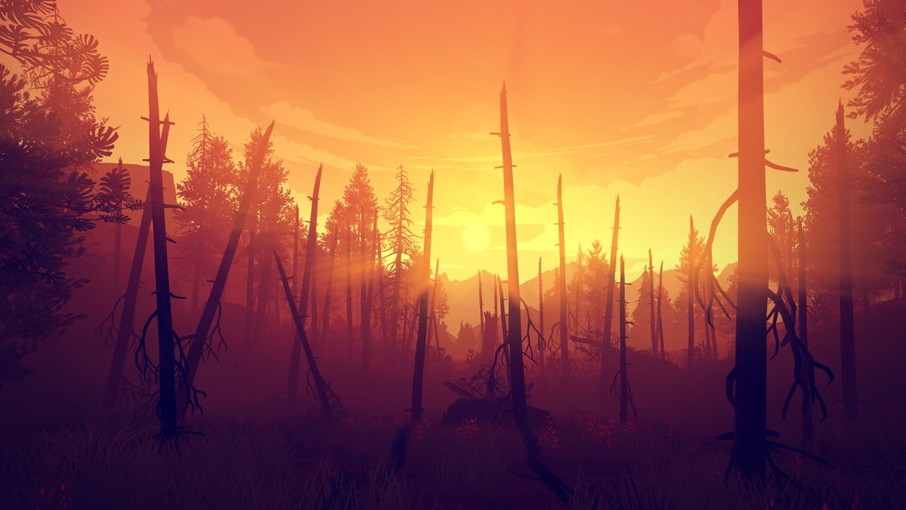 Forest at sunset with silhouetted trees, glowing orange sky, scattered foliage, and a serene horizon.