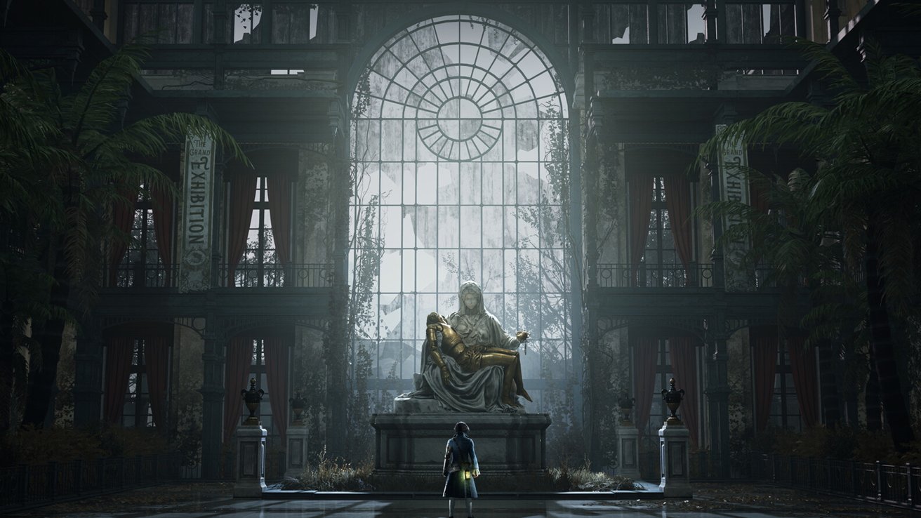 Grand hall with large arched window, dramatic sculpture of seated woman holding a figure, lush greenery, and banners reading 'The Grand Exhibition'.