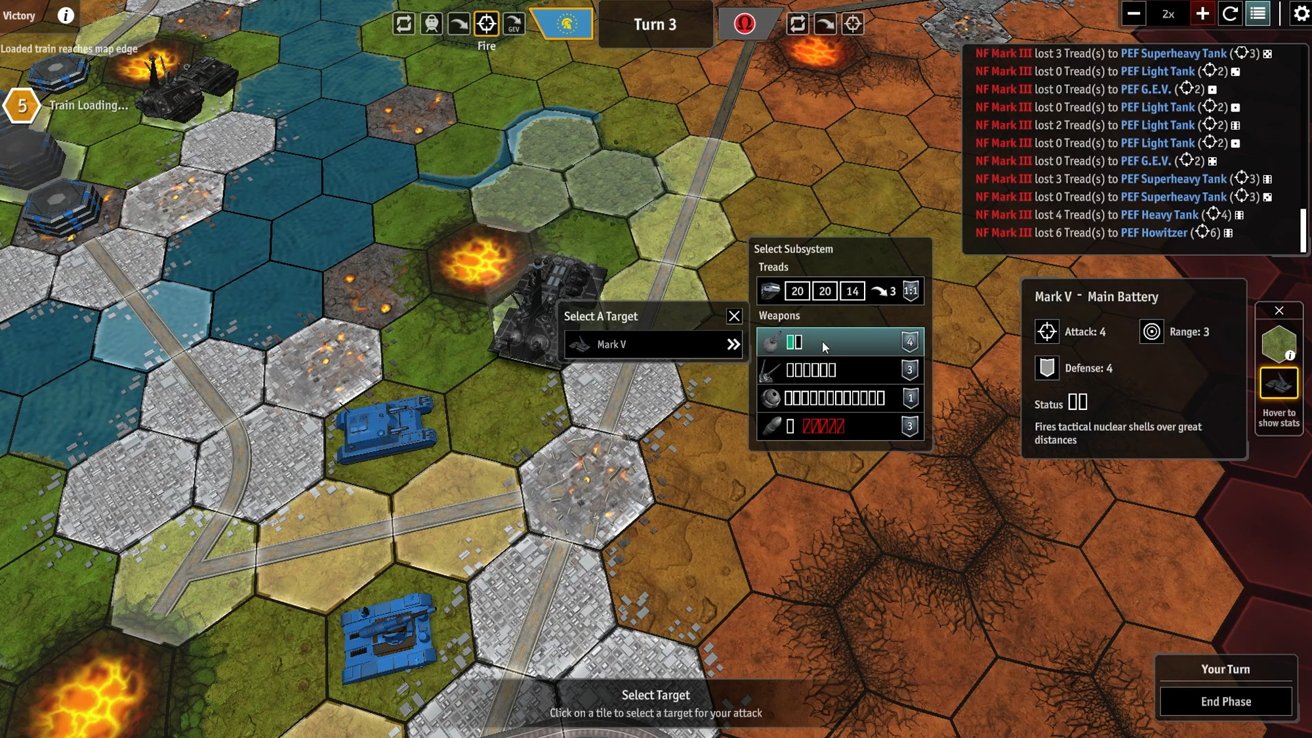 Hexagonal strategy board featuring tanks, varied terrain, control panels, and a selection window with tactical data, displaying a mix of grass, water, and lava tiles.