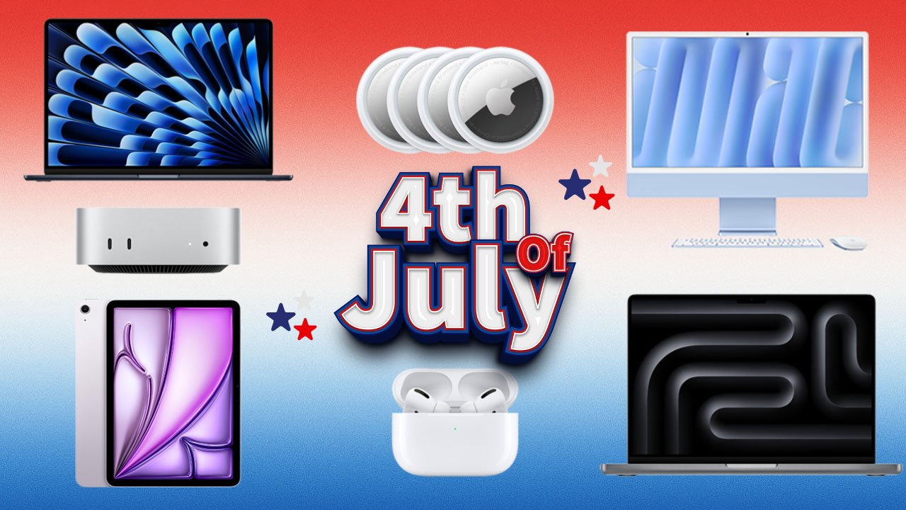 Apple electronics collage including laptops, desktop, iPad, AirPods, AirTags, and '4th of July' text with stars on red and blue gradient background.