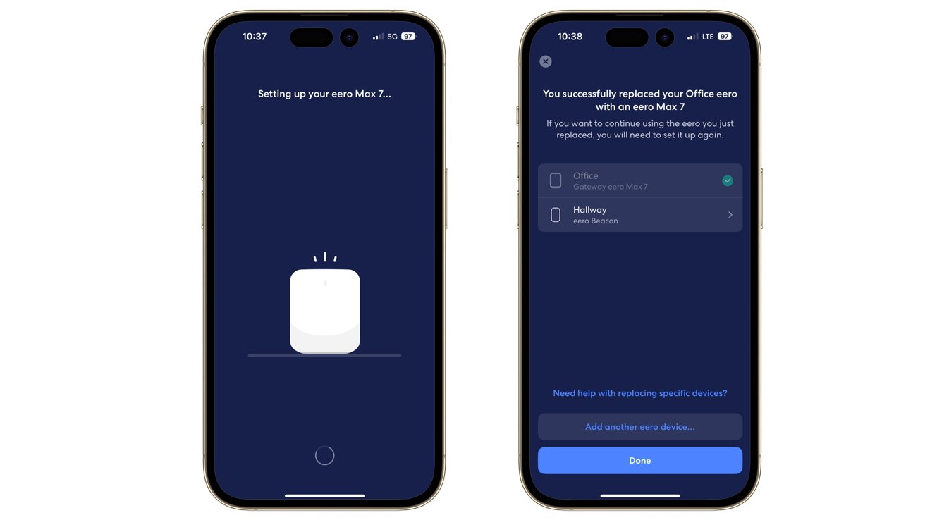Two smartphone screens showing the setup process for an eero Max 7 device, with progress and successful replacement indicators on a dark blue background.