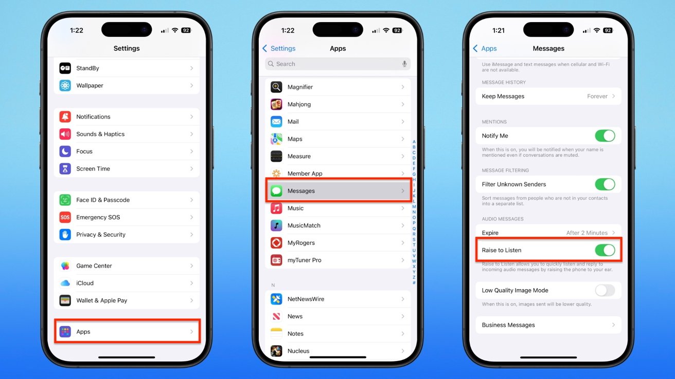 Three smartphone screens show Settings menus on iPhone with Steps to access Messages app, highlighting the 'Raise to Listen' toggle option turned on.