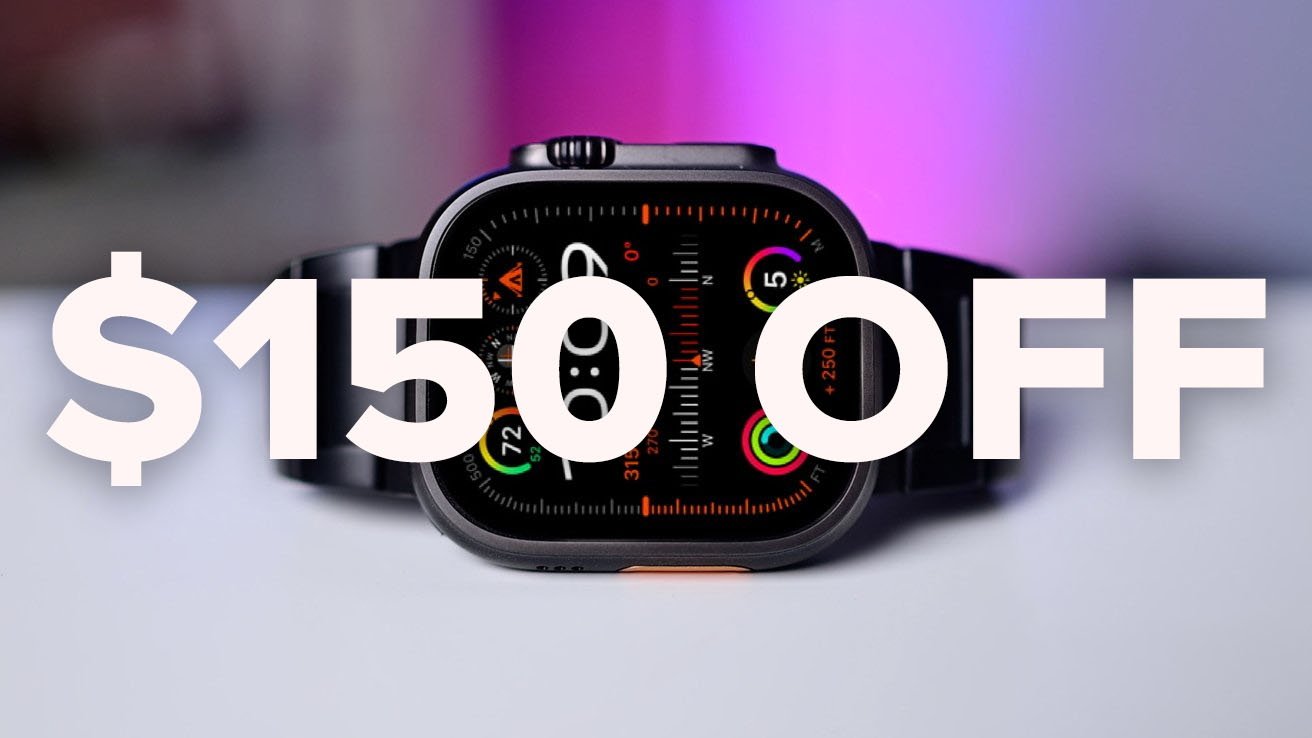 Apple Watch Ultra 2 on display with a colorful face, offering $150 off against a blurred purple background.