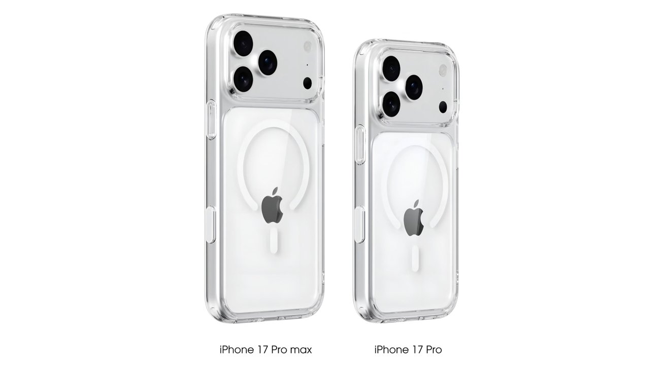 Two clear phone cases with visible Apple logos and camera cutouts for iPhone 17 Pro Max and iPhone 17 Pro.