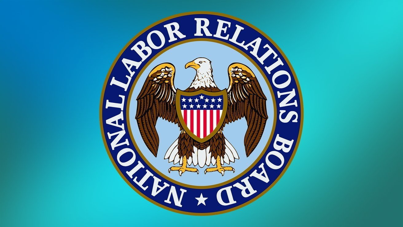 National Labor Relations Board seal featuring an eagle with a shield, surrounded by a blue circle with white text on a gradient blue background.