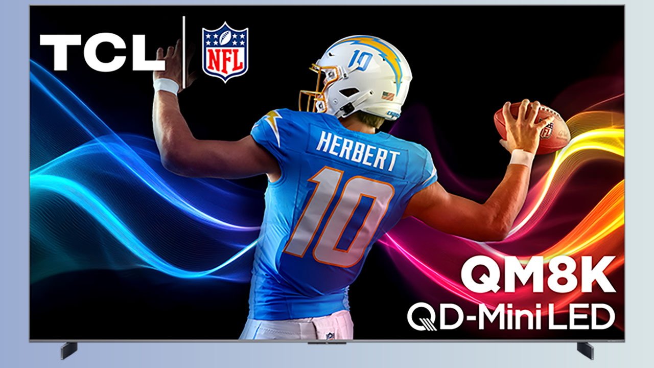 TCL TV with NFL football player on the screen on a blue background.