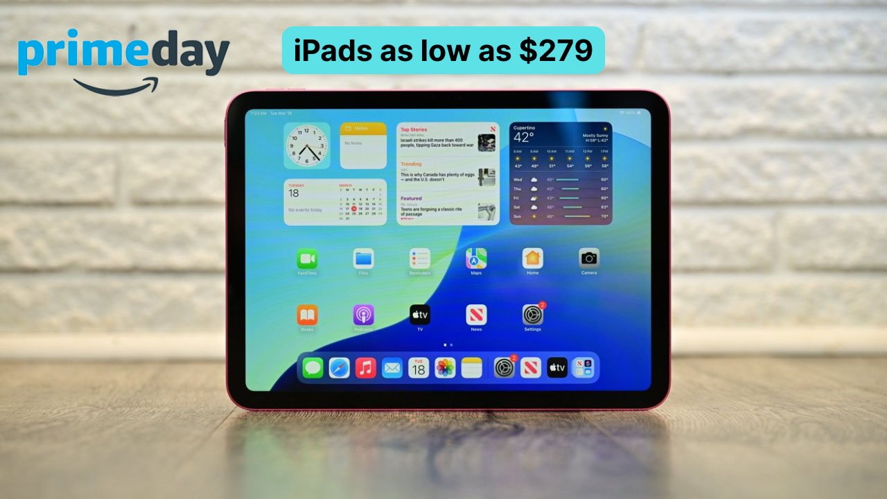 iPad with colorful app display on a wooden surface, Prime Day logo, and 'iPads as low as $279' text on a light blue background above.