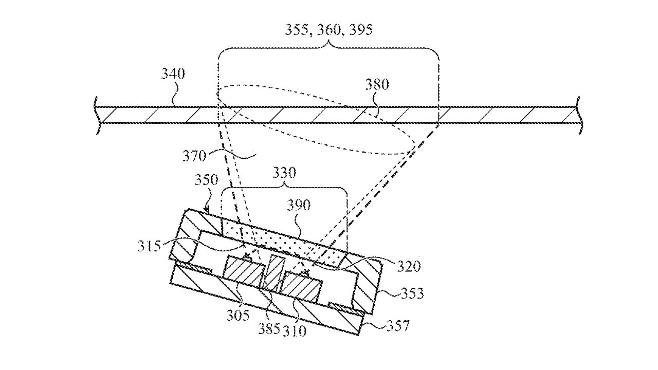 Technical diagram showing a cross-sectional view of an electronic device assembly with labeled components and directional arrows indicating connections and paths.