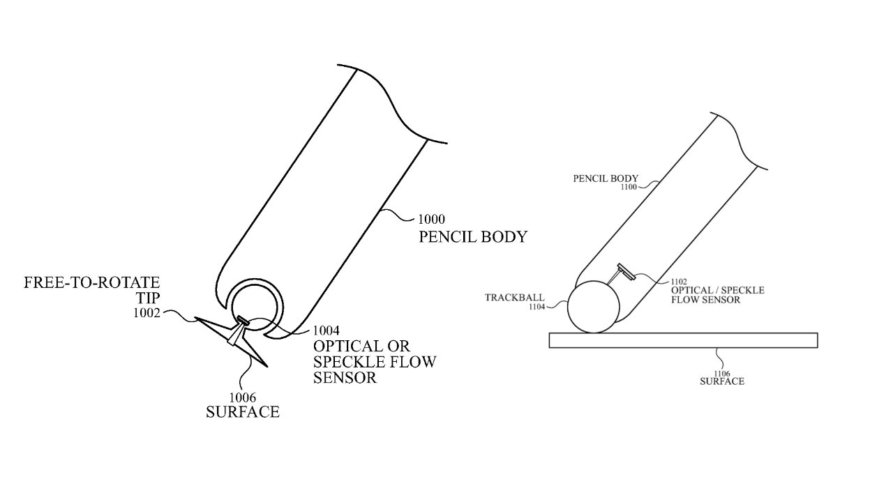Two diagrams illustrate a pencil-shaped device with a rotating tip or trackball and an optical sensor interacting with a surface. Various labels identify parts.