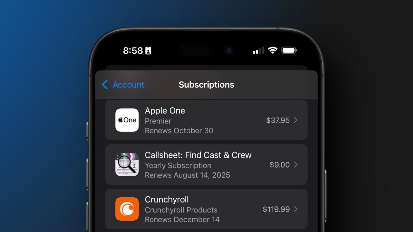 Smartphone screen displaying subscription details for Apple One, Callsheet, and Crunchyroll with renewal dates and prices against a dark background.
