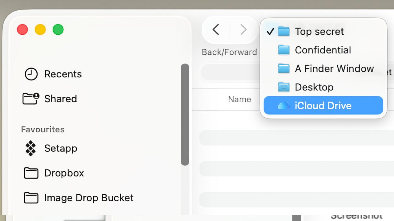 Computer interface showing a file explorer with a popup folder menu. Options include Top Secret, Confidential, Desktop, iCloud Drive. Sidebar displays Recents, Shared, and favorite folders like Dropbox.