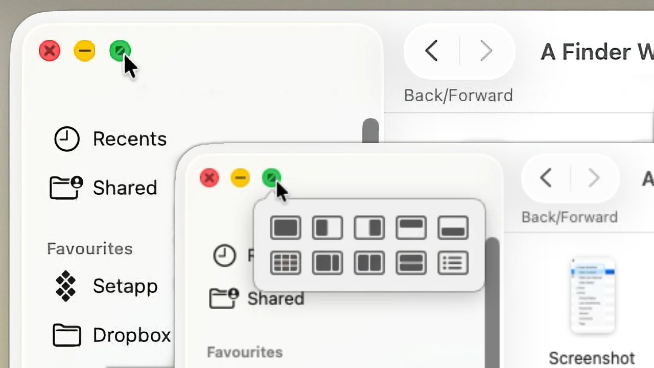 Computer interface showing folders like Recents and Shared, with a cursor hovering over green button displaying window layout options.