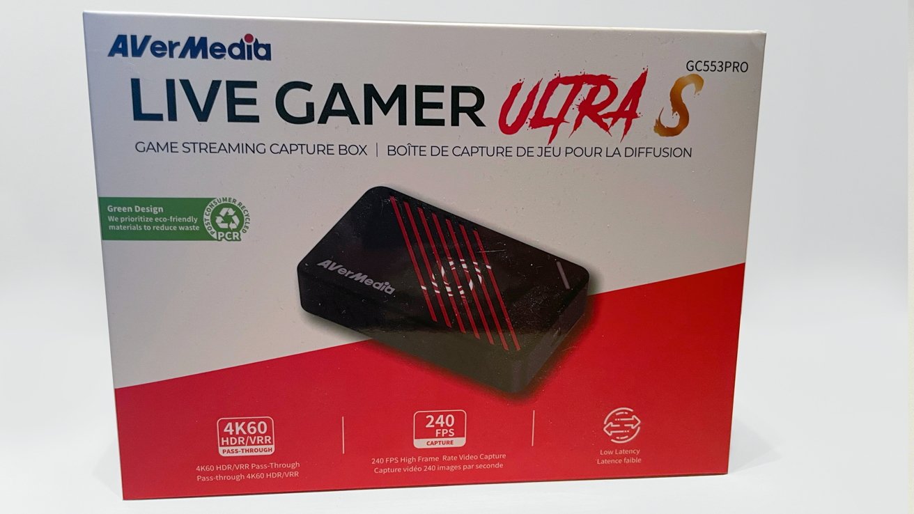 AVerMedia Live Gamer Ultra S game streaming capture box packaging features product image, eco-friendly design, 4K60 HDR/VRR, 240 FPS, and low latency specifications in red and white colors.
