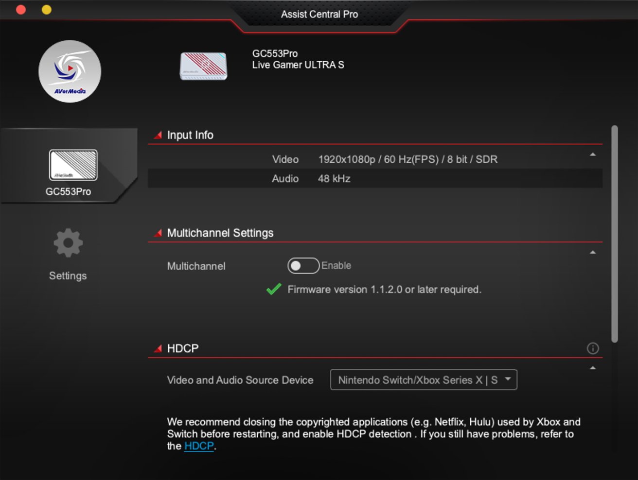 AVerMedia Assist Central Pro interface displays input info, multichannel settings, and HDCP options for the GC553Pro device. Video, audio details, and a settings icon are visible.