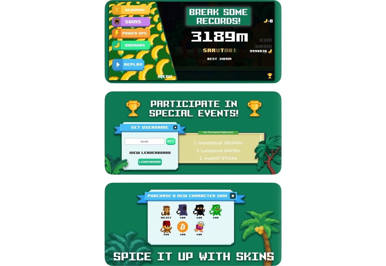 Game interface with leaderboard, usernames, character skins, and options for rewards, skins, power-ups, and replay, set against a jungle-themed background.