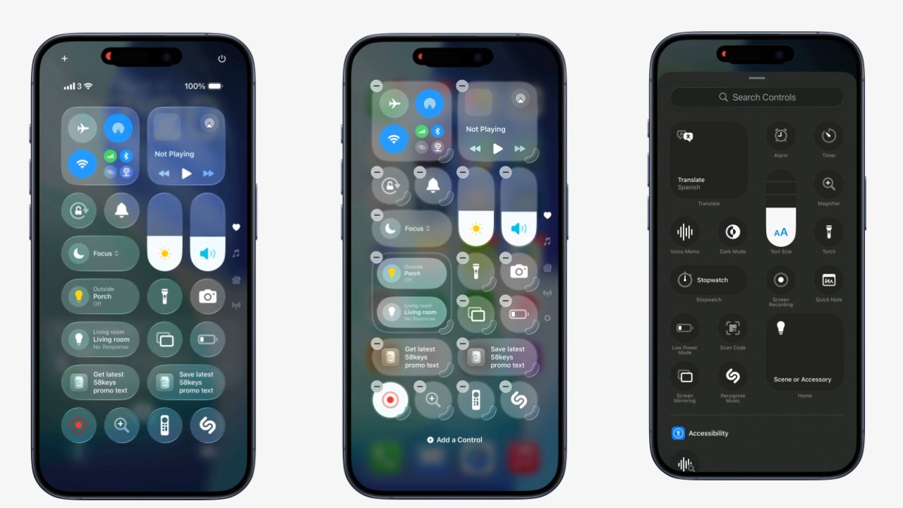 Three smartphones display various control center interfaces with options like Wi-Fi, brightness, volume, and additional settings.