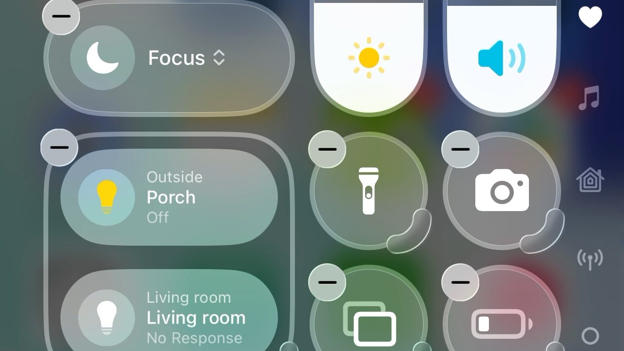 Control center interface with focus, light brightness, sound volume, porch and living room lights, flashlight, camera, and battery icons on a blurred background.