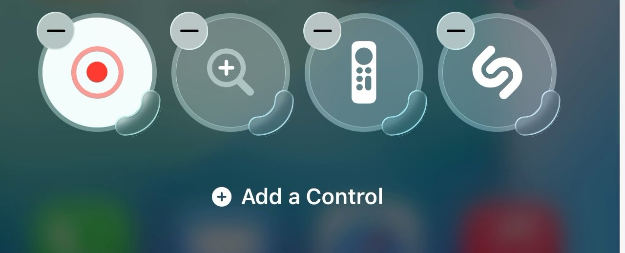 Four app icons with minus buttons above each, plus sign below labeled Add a Control.