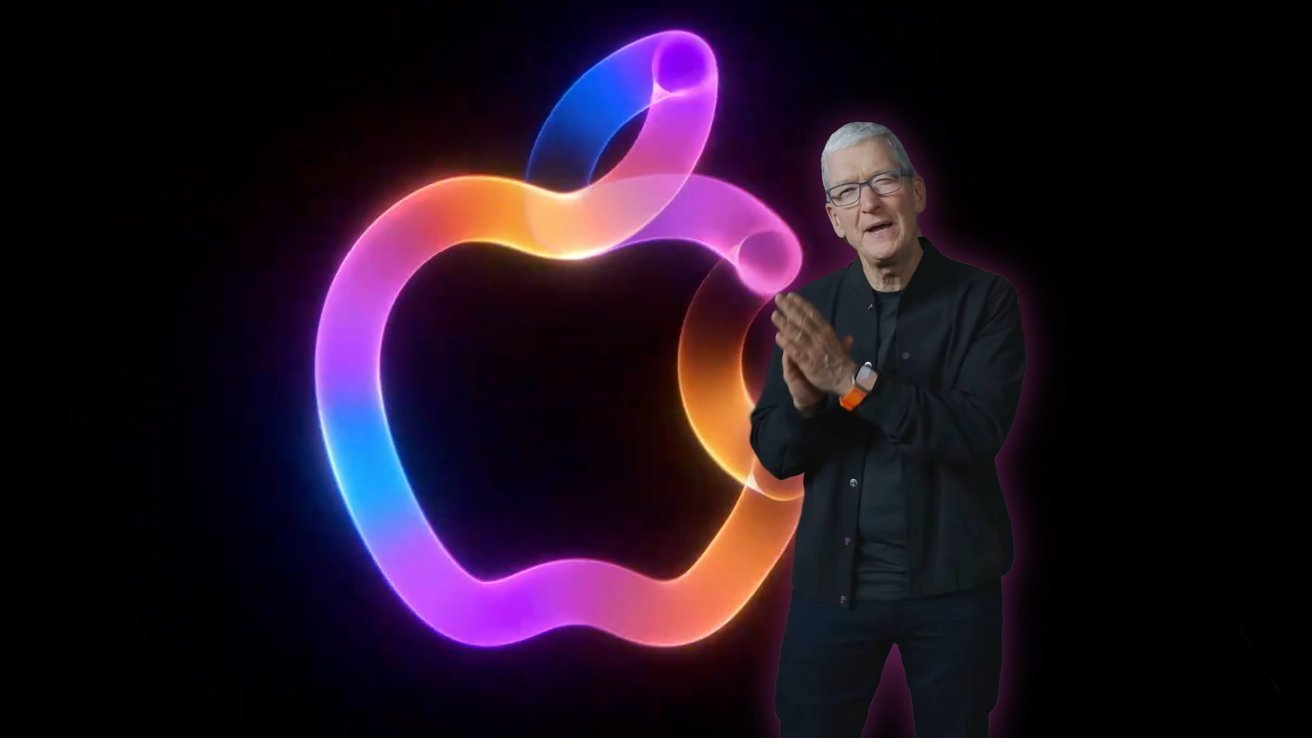 Person in dark clothing stands beside a glowing, multicolored Apple logo on a black background.