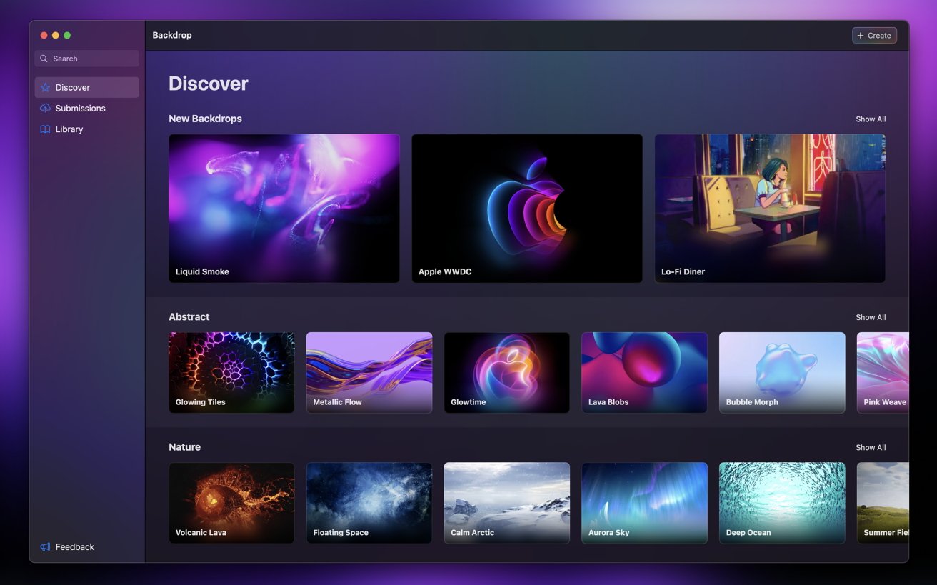 Backdrop application interface displaying vibrant abstract and nature-themed wallpapers, with categories like 'New Backdrops,' 'Abstract,' and 'Nature,' arranged in a grid layout against a dark background.