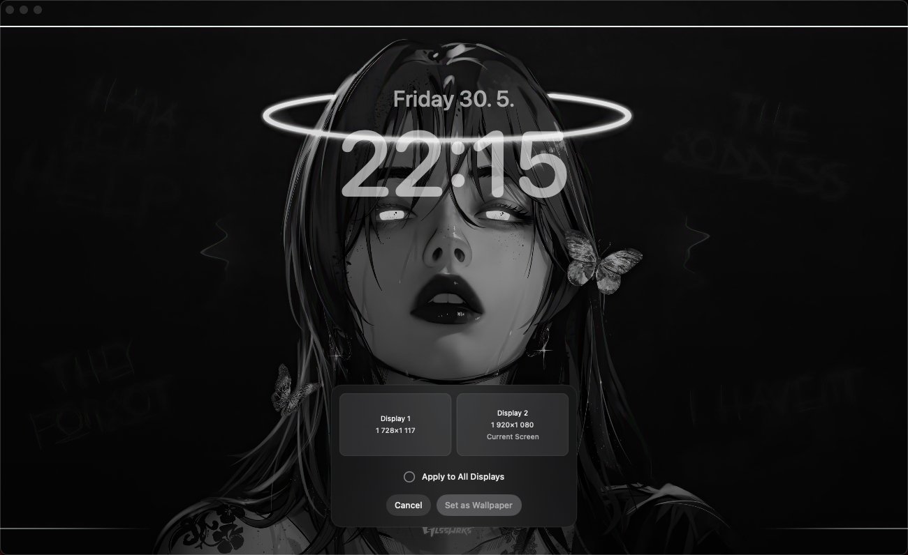 Dark illustration of a woman with glowing eyes, butterflies, and a halo effect; digital time display and wallpaper settings overlay.