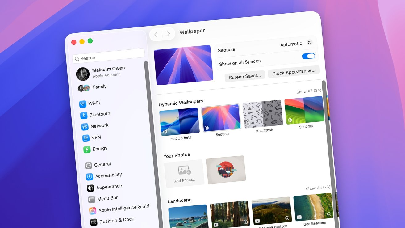 Computer settings interface showing wallpaper selection options and sidebar with various system settings on a gradient background.