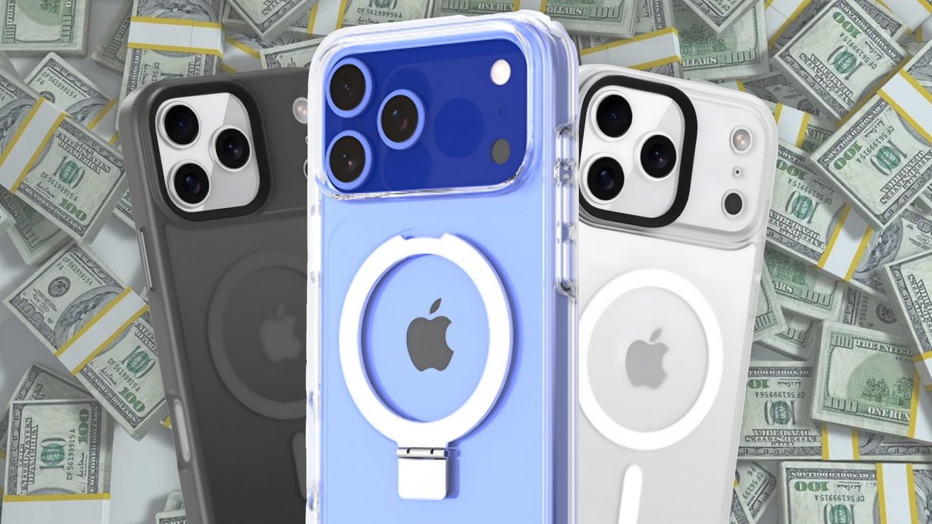 Three iPhones with colorful cases and prominent camera lenses are displayed against a background of bundles of 100-dollar bills.
