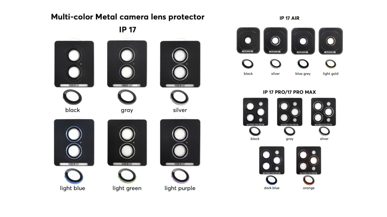 Various multi-color camera lens protectors for IP 17, IP 17 Air, and IP 17 Pro/Pro Max in different shades, including black, gray, silver, and more.