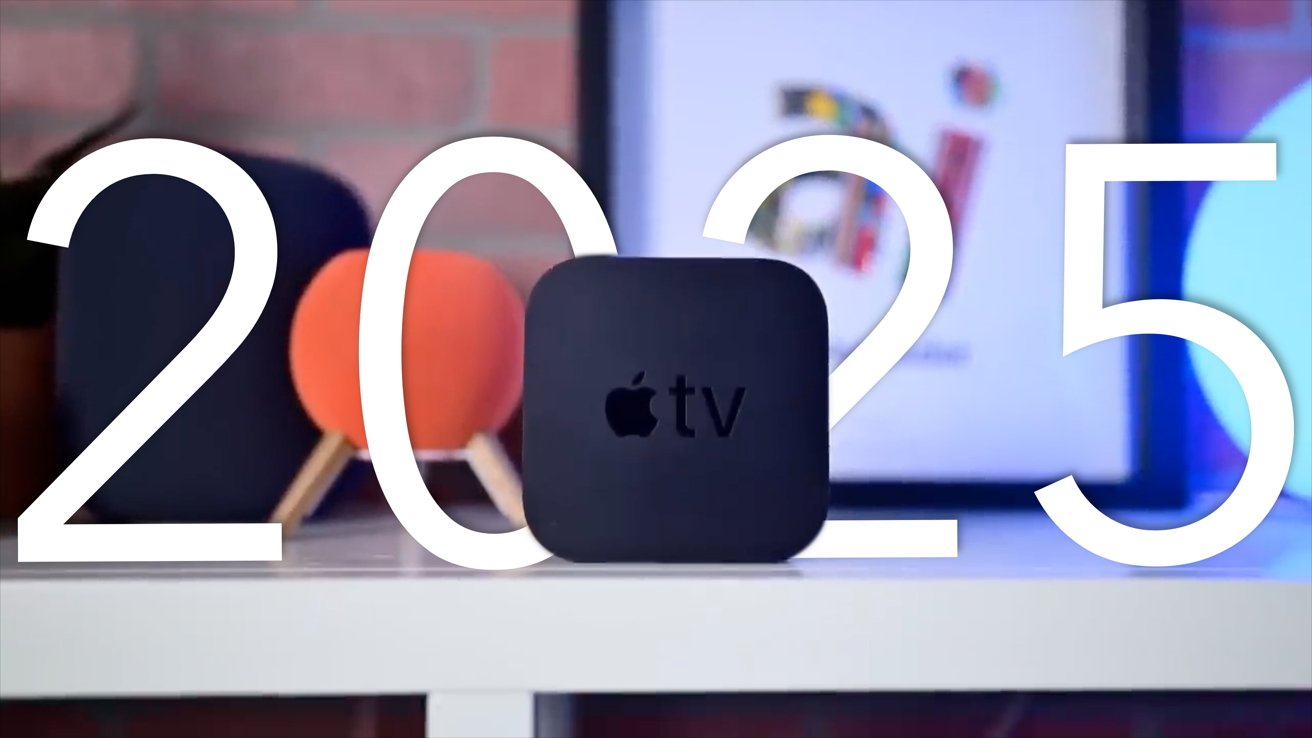 Apple TV box on a white table with neon 2025 text overlay, colorful speakers in the background.