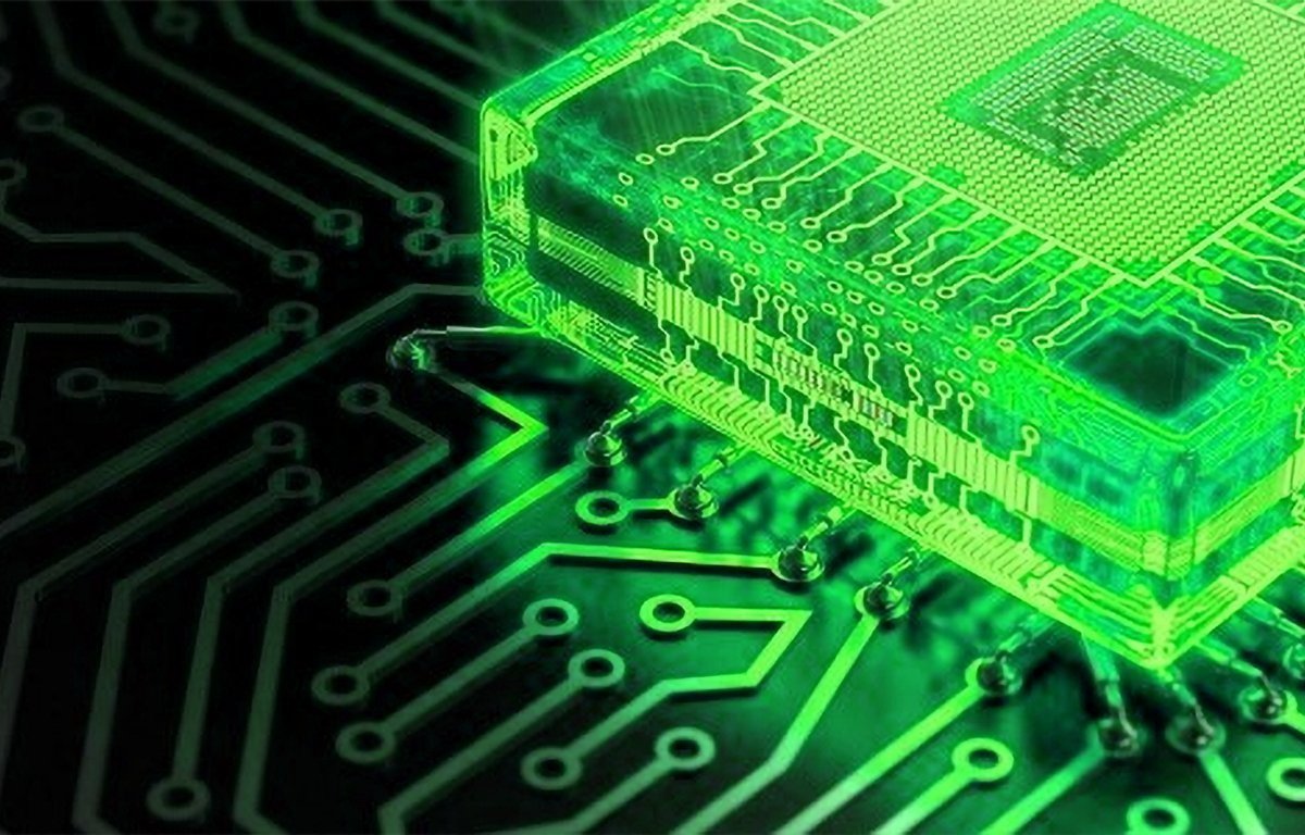 Glowing green circuit board with a central microchip, featuring intricate pathways and digital elements, creating a futuristic technology theme.