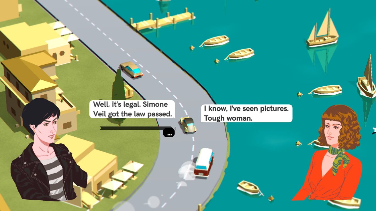 Two illustrated women converse beside a winding road and waterfront with boats. Speech bubbles mention legal change by Simone Veil.