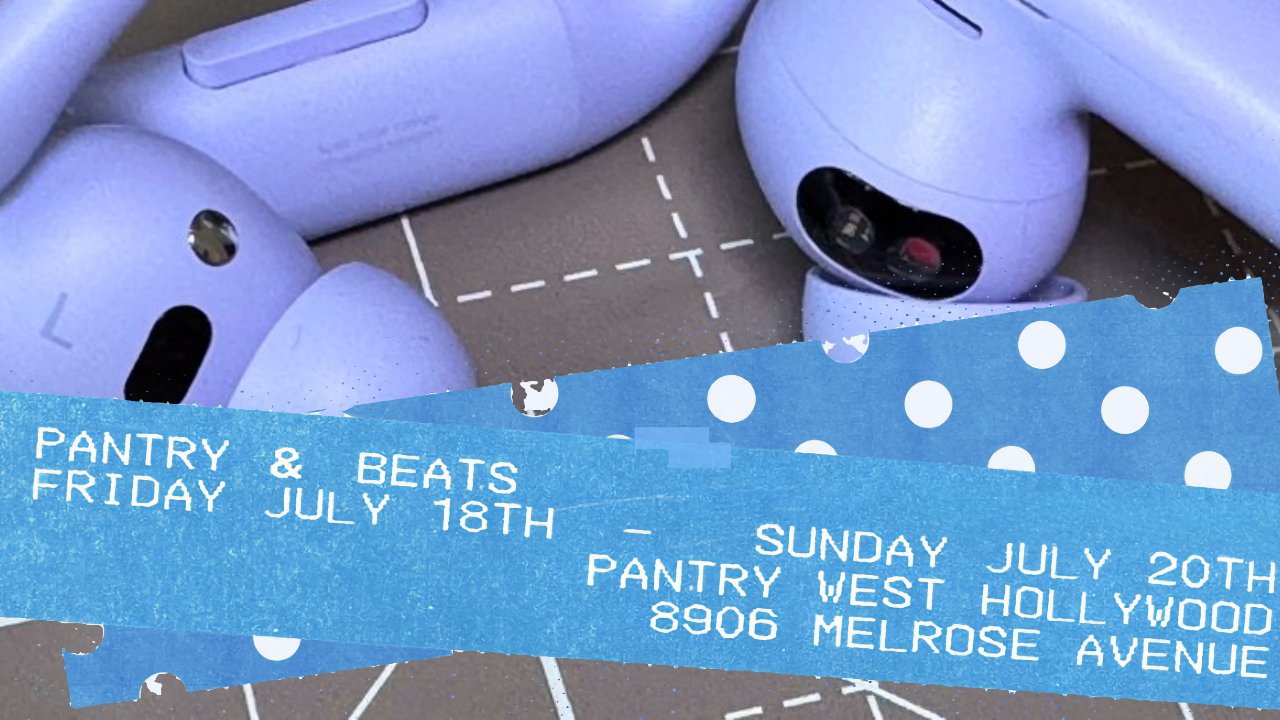 Purple wireless earbuds on a surface, overlaid with blue polka-dot tape, featuring event details for 'Pantry & Beats' from July 18th to 20th at 8906 Melrose Avenue.