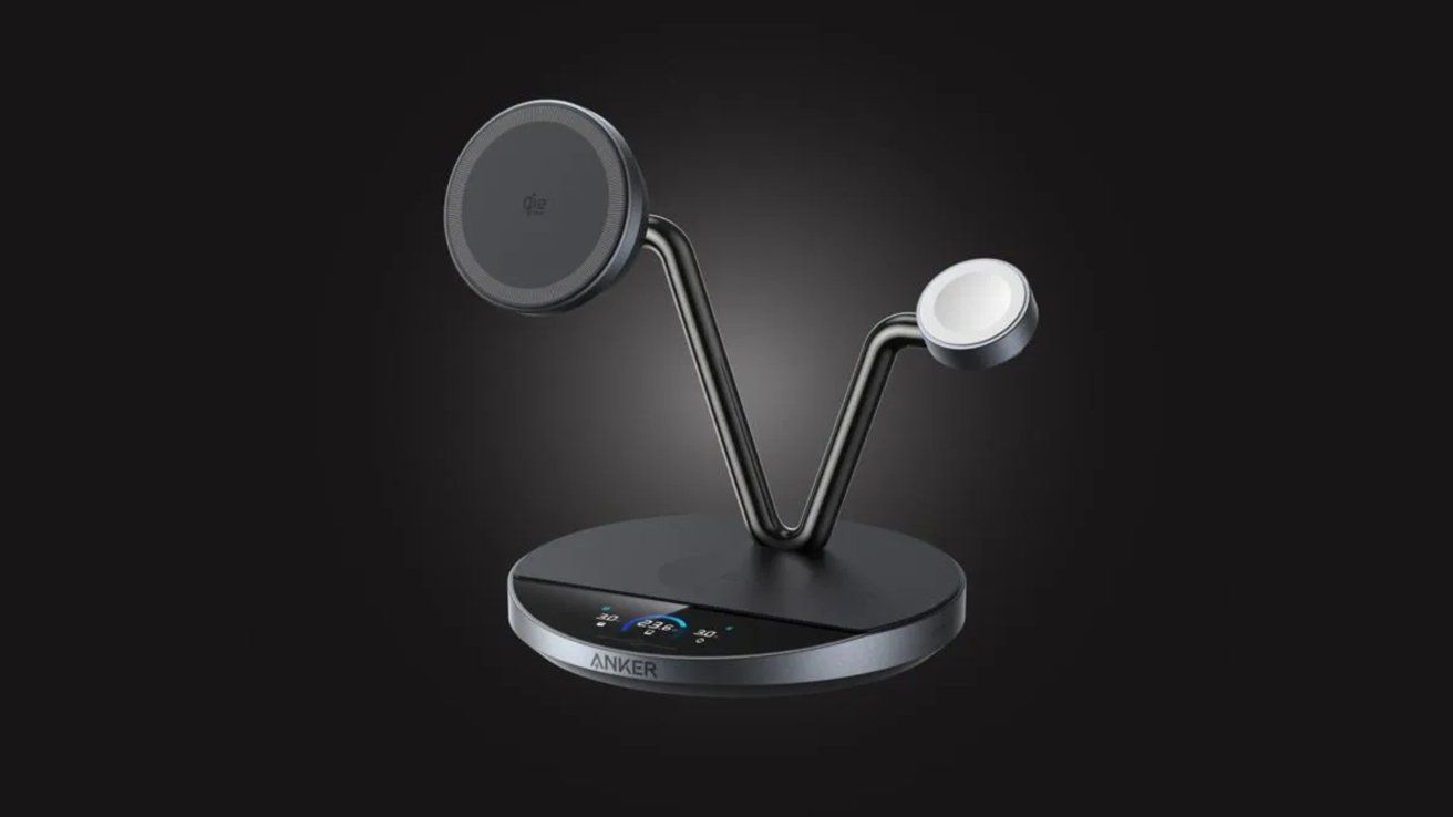 A sleek black wireless charging stand with two circular charging pads and a digital display on a dark background.