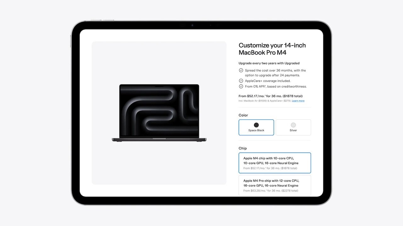 iPad displaying MacBook Pro customization options, including a black laptop, color choices, and M4 chip selections with pricing details.