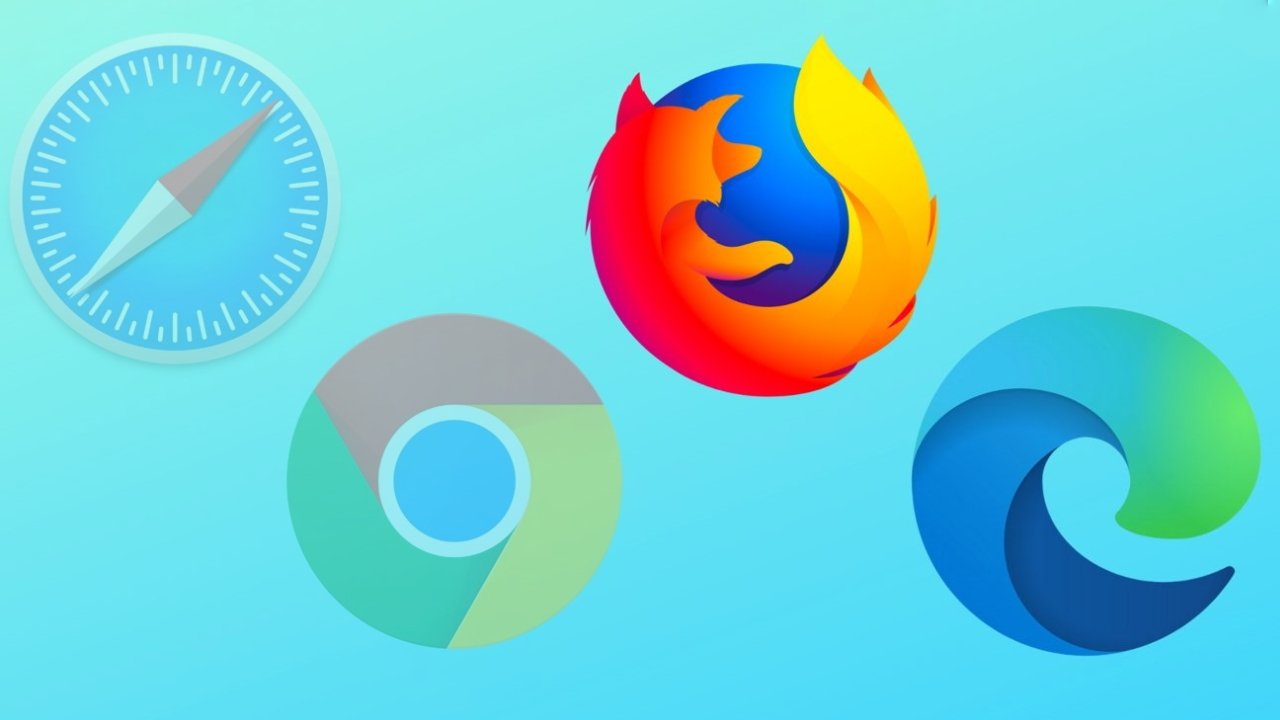 Four colorful browser logos: a compass, a fox wrapped around a globe, a circular gradient, and a wave-like swirl on a light blue background.