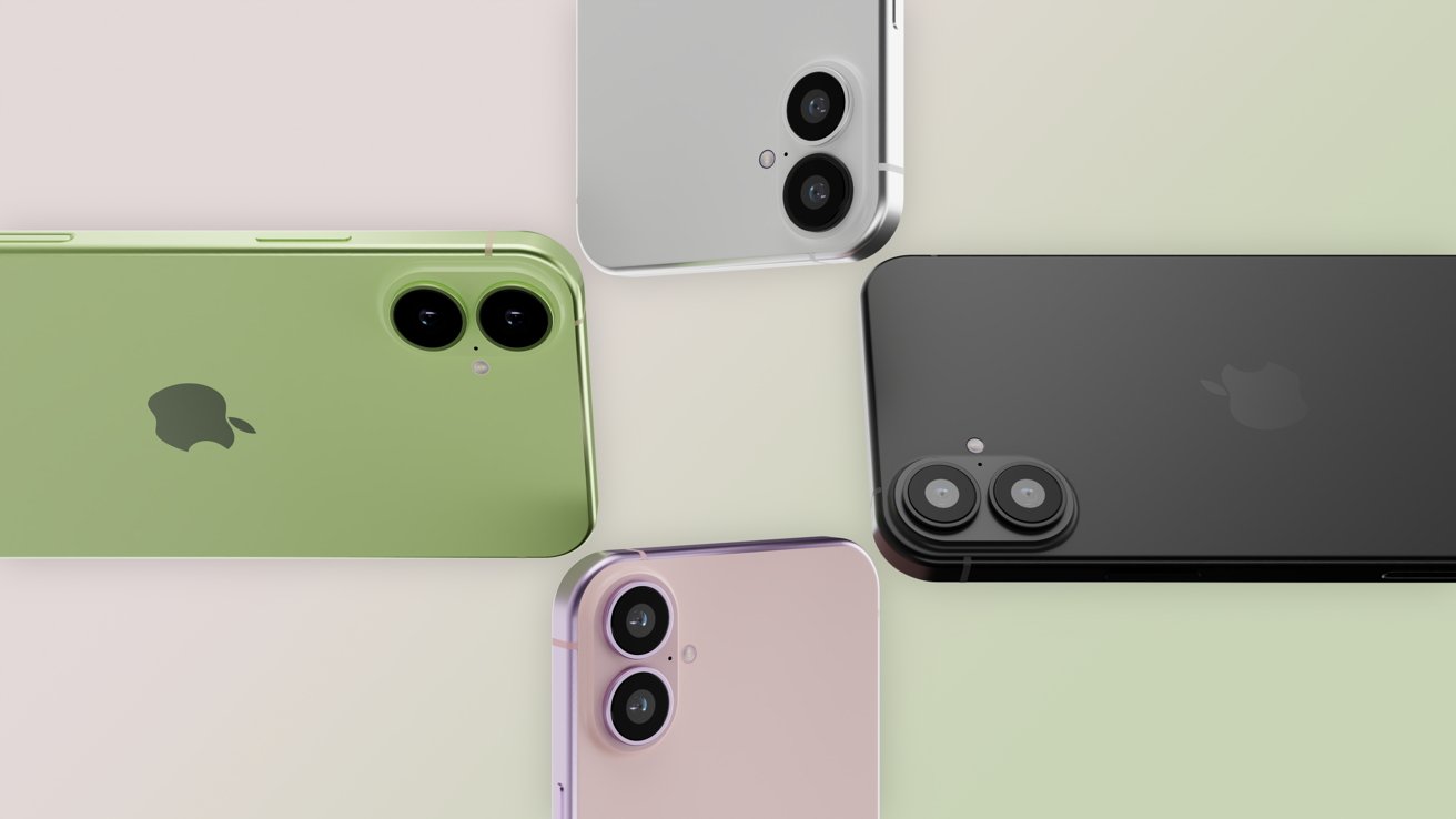 Four iPhones in green, silver, pink, and black, arranged in a circle with their dual cameras visible.