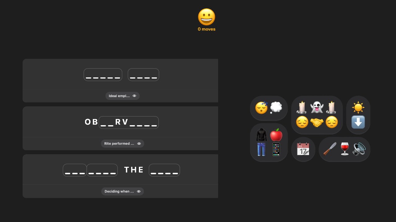 Three word puzzles with letters and blanks, surrounded by various emojis like a sleepy face, ghost, handshake, and apple. A smiling face icon displays zero moves.