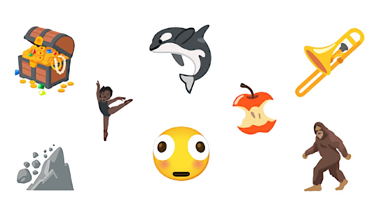 Collage of various emojis: treasure chest, ballet dancer, orca, astonished face, apple core, trombone, cliff, and Bigfoot.